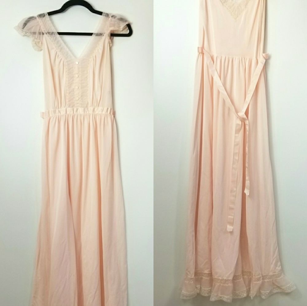 Vintage 50's Nightgown Pink Lace Full Length S